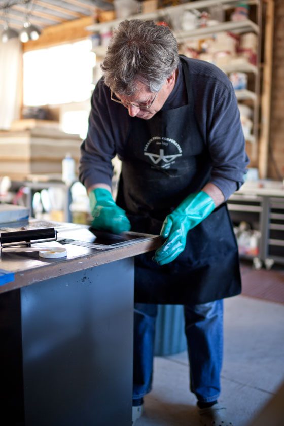Hand wiping the plate after it is inked is very much in the traditional method of wiping aquatint plates. But, Don will not use his palms - always adhering to safe methods. Smart man!