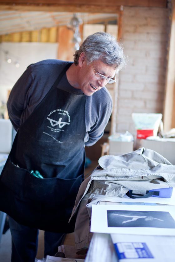 Don inspects his work. Gravure is an amazing process. The way Don uses his film process, the tone is rendered as if with aquatint. There is no discernible mechanical screen and the Epson dither produces a pleasing result.